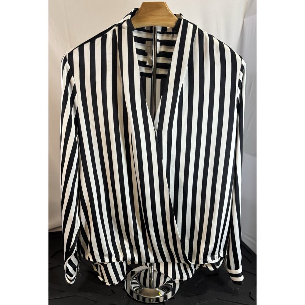 Chico's Top Sz L (2) Faux Wrap High Low Striped Long Sleeve Silky Pullover Black